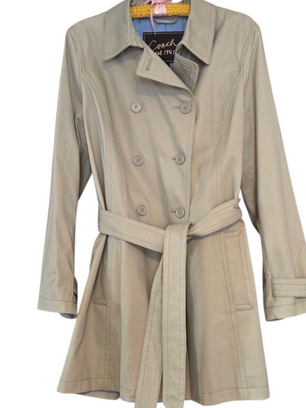 Coach Trench Coat Double Breasted, Belted, above the knee length, sz XL Tan